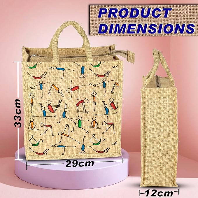 Eco Friendly Reusable Jute Bag, Yoga Printed Jute Bag, Grocery Shopping Bag, Multi-Purpose Bag, Jute Lunch Bag, Sturdy Handle with Zipper Lock (33 * 29 * 12cm)
