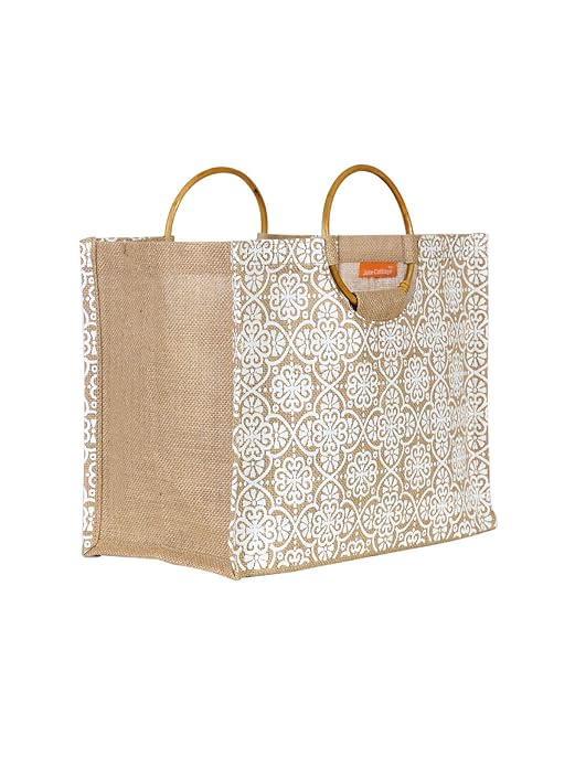 Jute Cottage Eco-Friendly Unisex Shopping Bag | 11x14x8 in Brown Jute with Mughal Print & Cane Handles | Handcrafted Sustainable Tote for Grocery, Travel, Daily Use